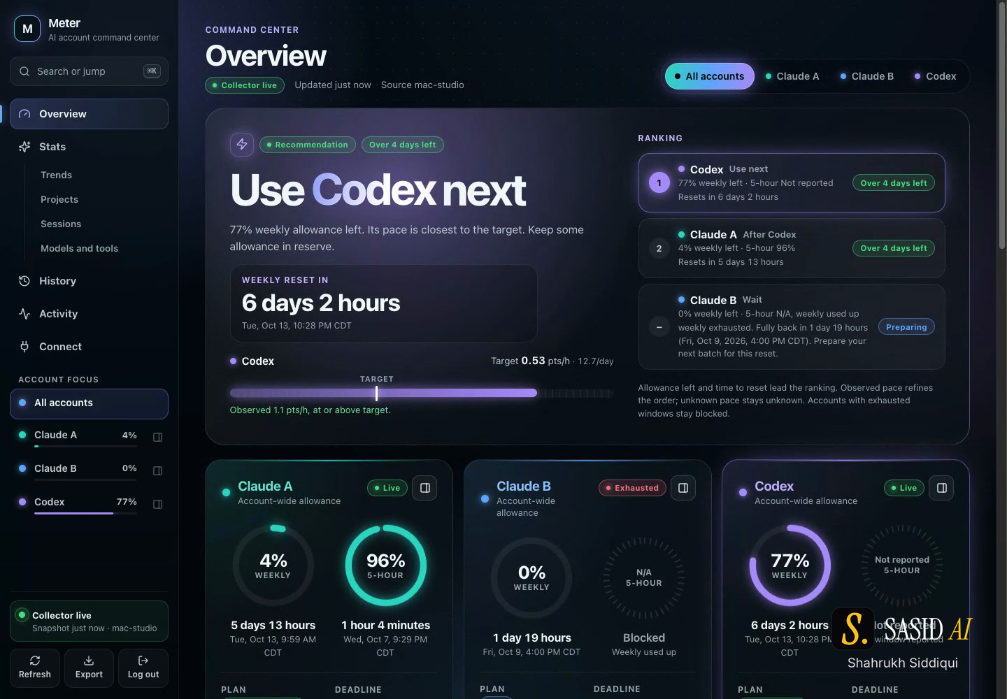 Real screenshot from a private AI account dashboard showing account allowances, reset dates, models and local project activity; values are personal observations, not a public benchmark.